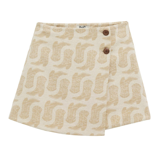 Beige patterned skirt with a button on a white background