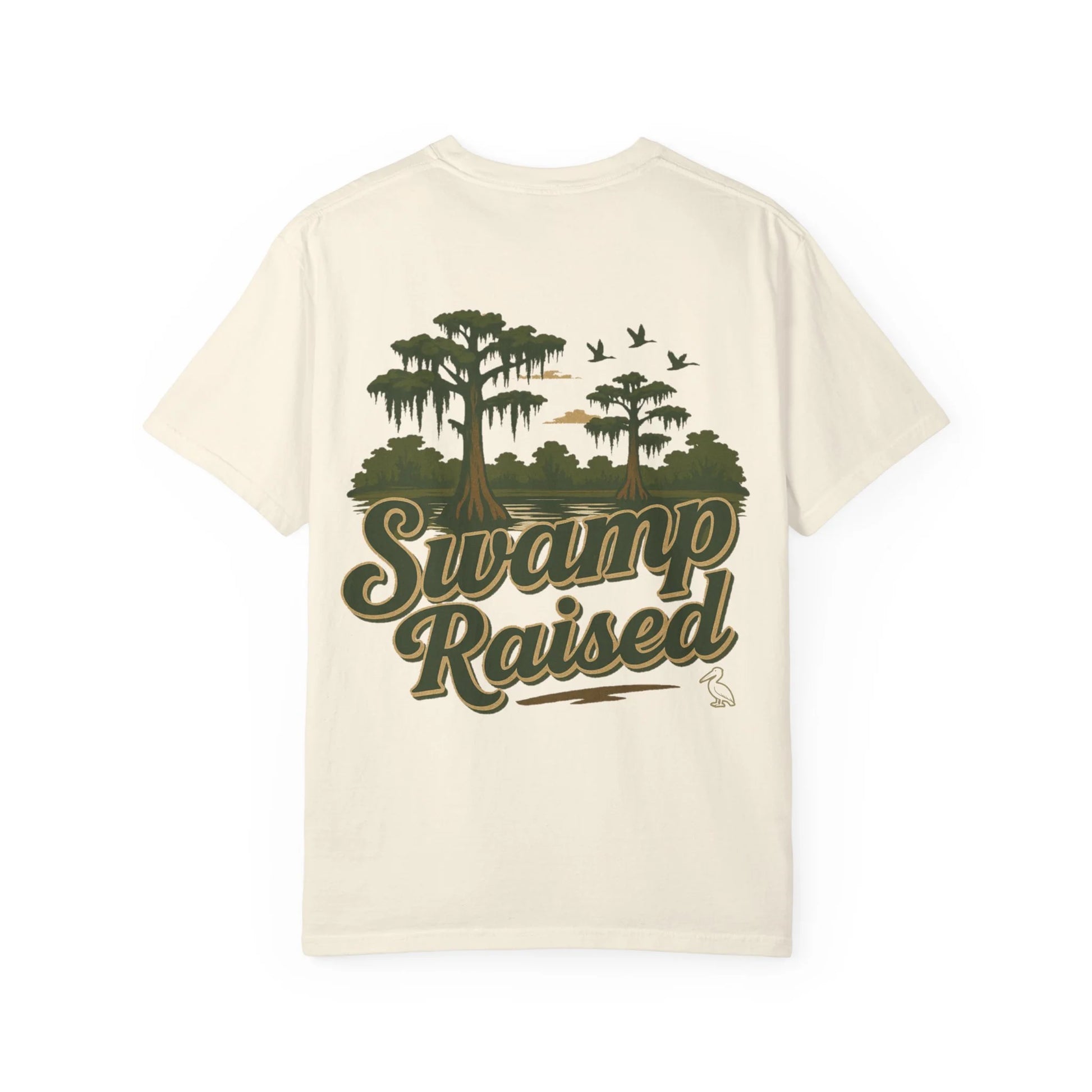 Beige t-shirt with 'Swamp Raised' graphic design on a white background