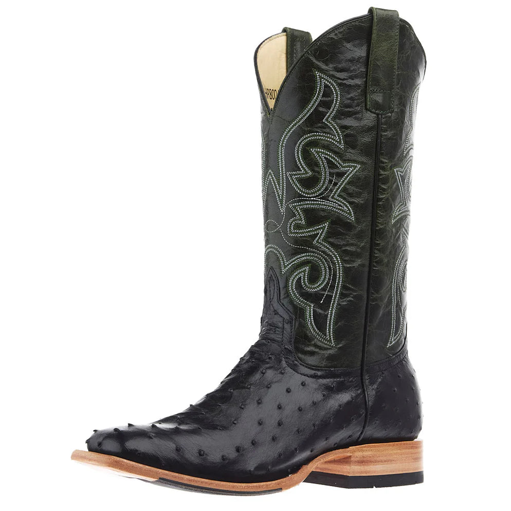 Black and dark green exotic leather cowboy boot with decorative stitching and wooden sole
