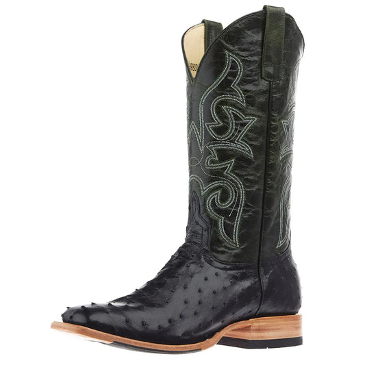 Black and dark green exotic leather cowboy boot with decorative stitching and wooden sole