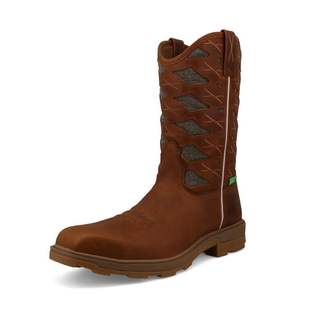 Brown leather work boot with textured shaft and reinforced sole, safety footwear product.