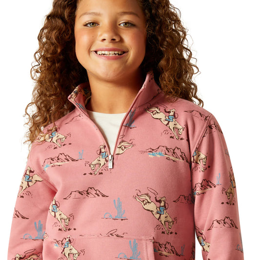 Ariat Youth Girl's Pink Bronc Toile Scene 1/4 Zip Sweatshirt