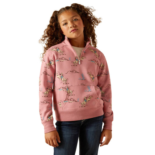Ariat Youth Girl's Pink Bronc Toile Scene 1/4 Zip Sweatshirt