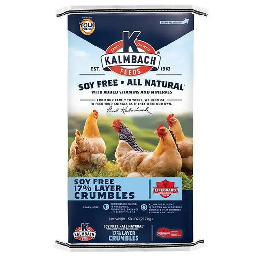 Bag of Kalmbach Feeds Soy Free 17% Layer Crumbles chicken feed with hens on grass
