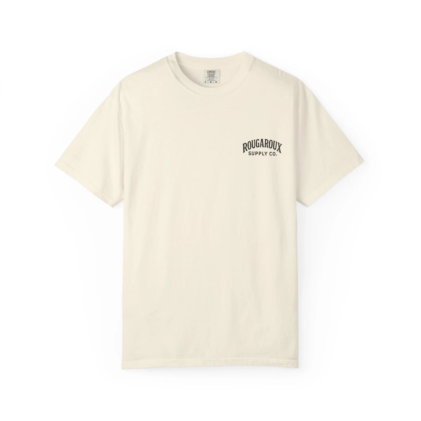 Beige t-shirt with a small logo on a white background