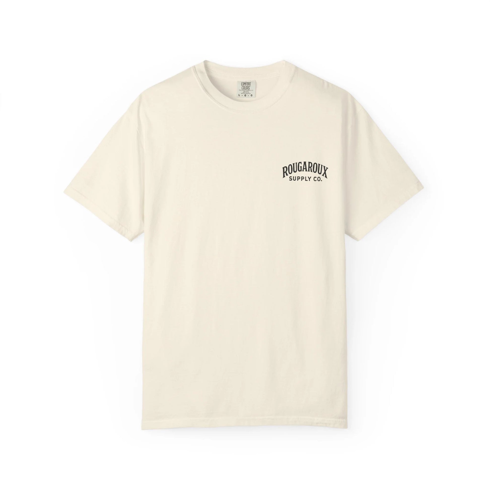Beige t-shirt with a small logo on a white background