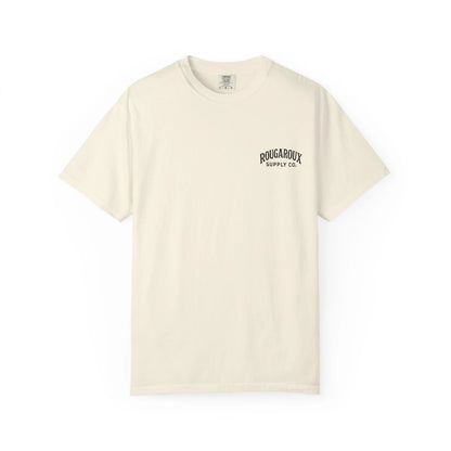 Beige t-shirt with a small logo on a white background