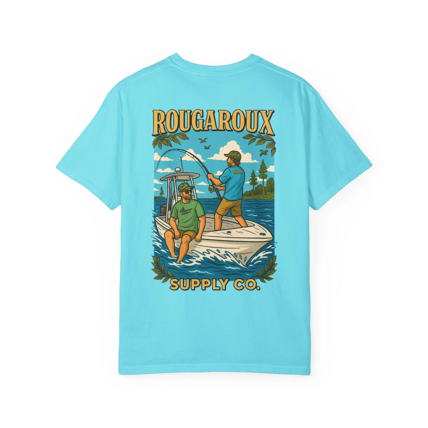 Light blue t-shirt with a graphic of two people on a boat and 'Rougaroux Supply Co.' text.