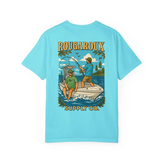 Light blue t-shirt with a graphic of two people on a boat and 'Rougaroux Supply Co.' text.