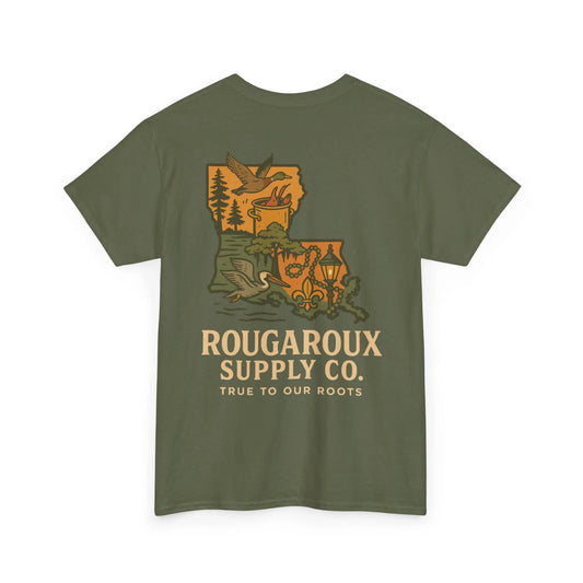 Green t-shirt with nature-themed graphic and 'Rougaroux Supply Co.' text on a white background
