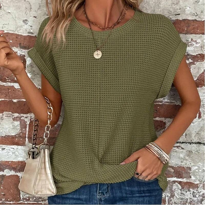 kycozy - Solid Color Round Neck Twist Short Sleeve T-Shirt