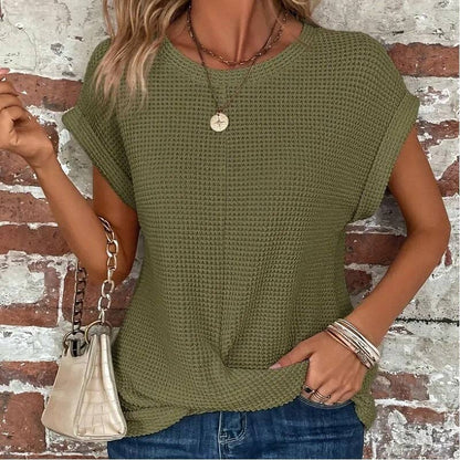 kycozy - Solid Color Round Neck Twist Short Sleeve T-Shirt