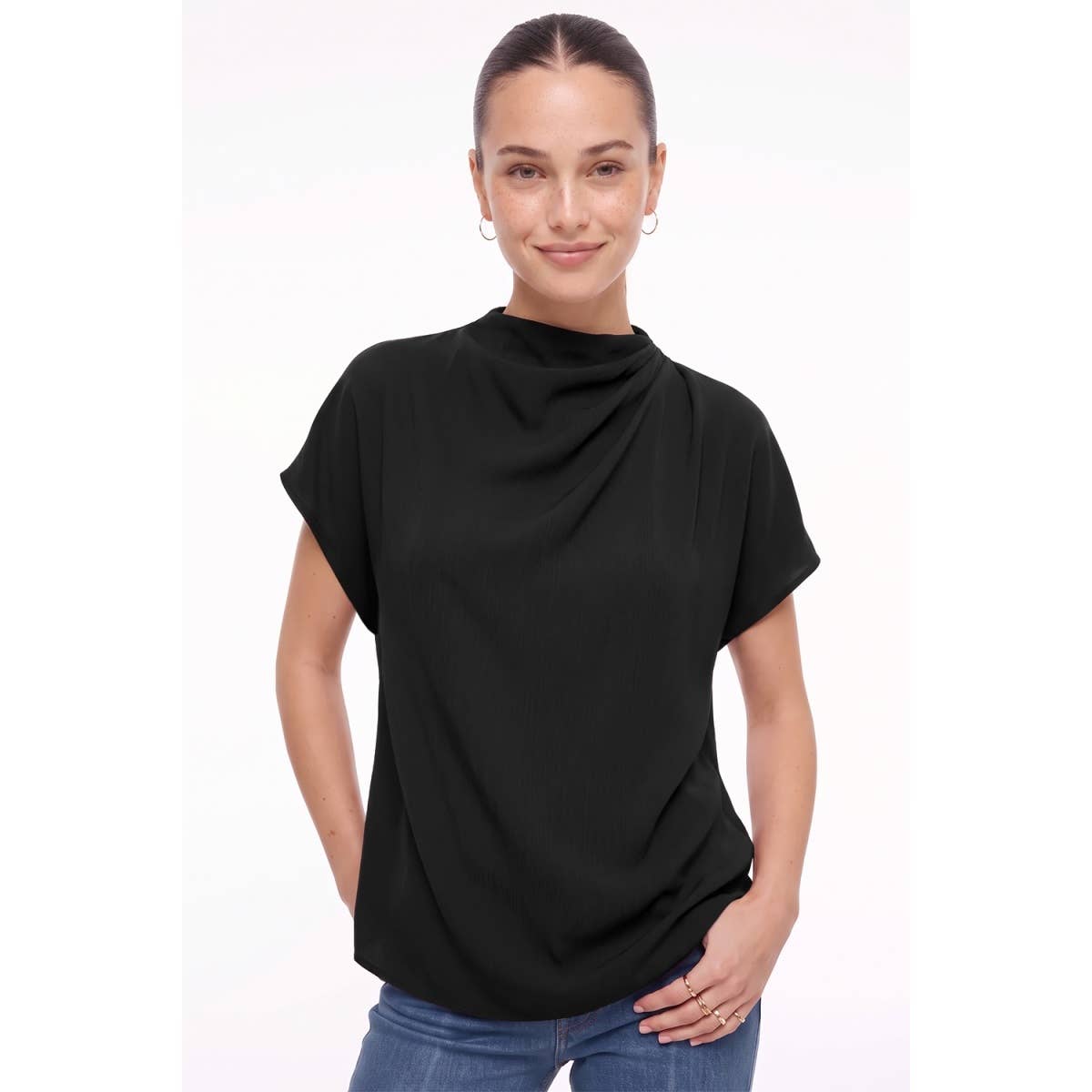 Naked Zebra - Mock Neck Draped Textured Satin Fall Blouse