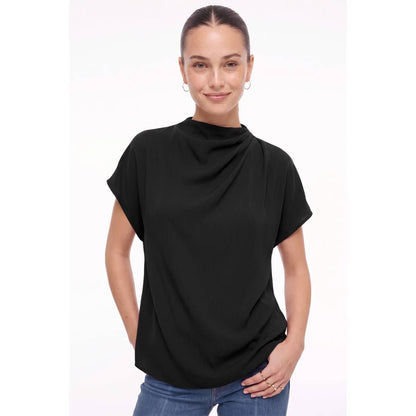 Naked Zebra - Mock Neck Draped Textured Satin Fall Blouse