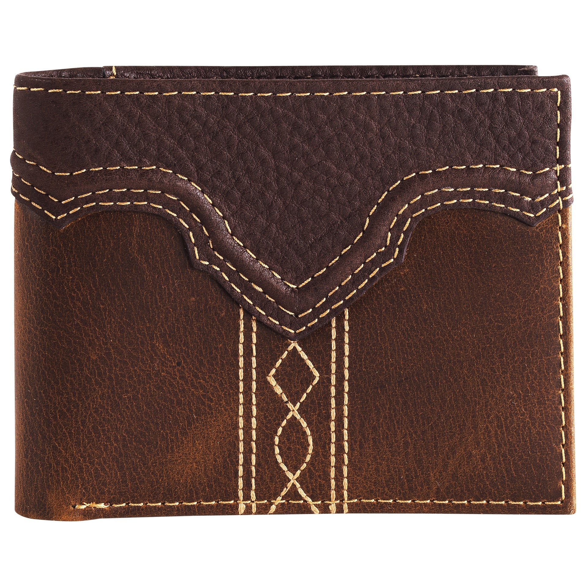 Brown leather wallet with decorative stitching on a white background