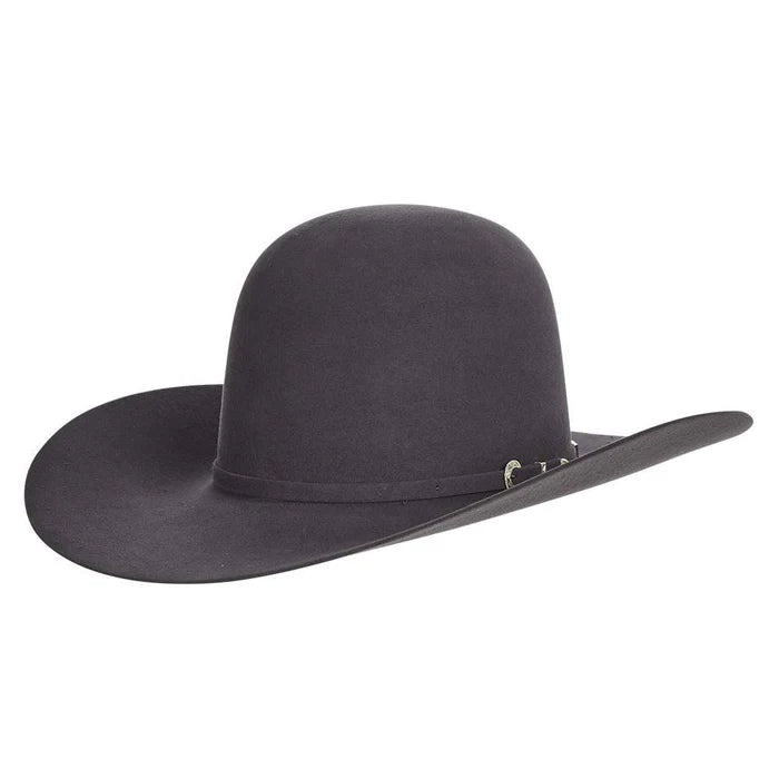 Wide brim gray felt cowboy hat with rounded crown and subtle hatband