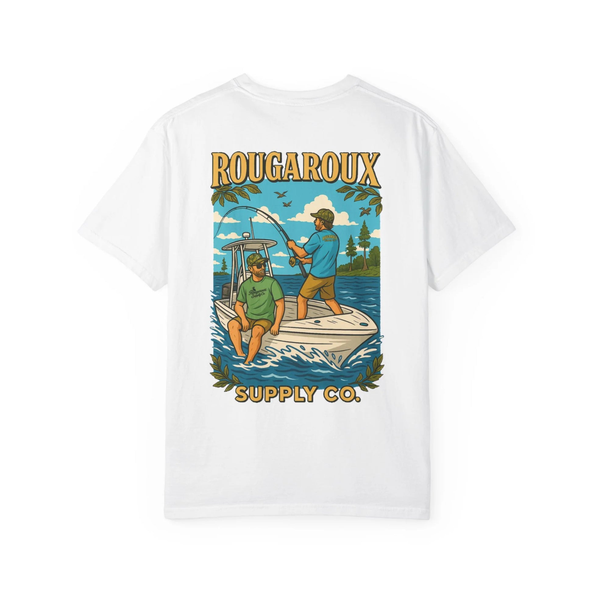 White t-shirt with a fishing graphic and 'Rougaroux Supply Co.' text on a white background