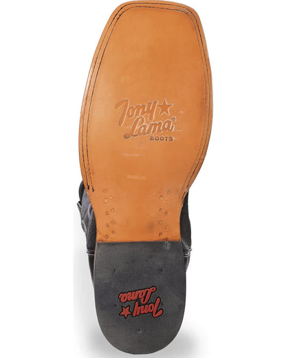 Leather sole of a cowboy boot with Tony Lama Boots logo, close-up footwear detail