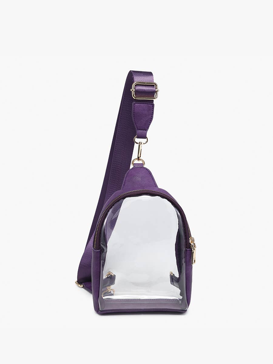 Purple crossbody bag with clear front pocket on a white background