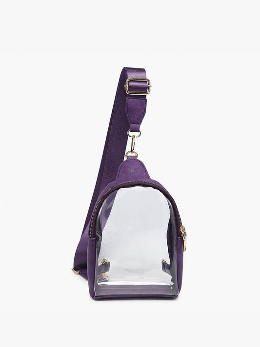Purple crossbody bag with clear front pocket on a white background