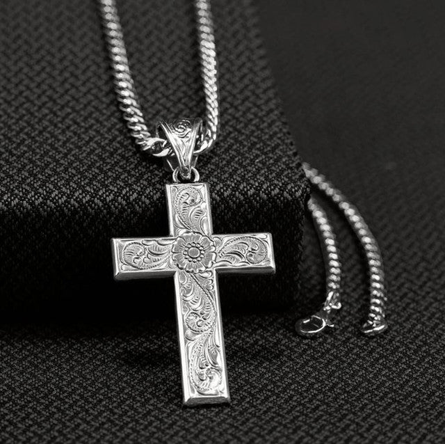 M&F - Twister Mens Silver With Floral Scroll Cross Necklace