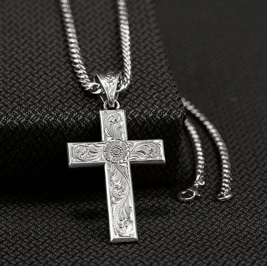 M&F - Twister Mens Silver With Floral Scroll Cross Necklace