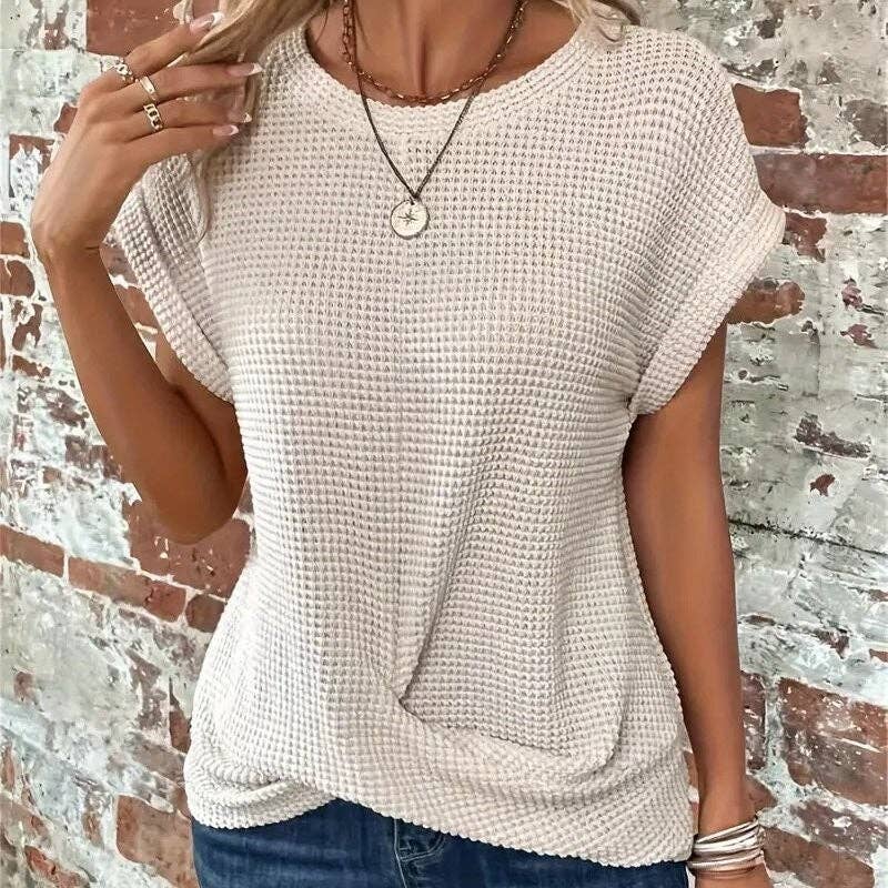 kycozy - Solid Color Round Neck Twist Short Sleeve T-Shirt