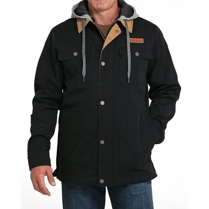 Man wearing black button-up jacket with gray hood and front pockets