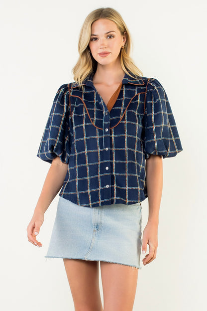 Puff Sleeve Plaid Corduroy Top