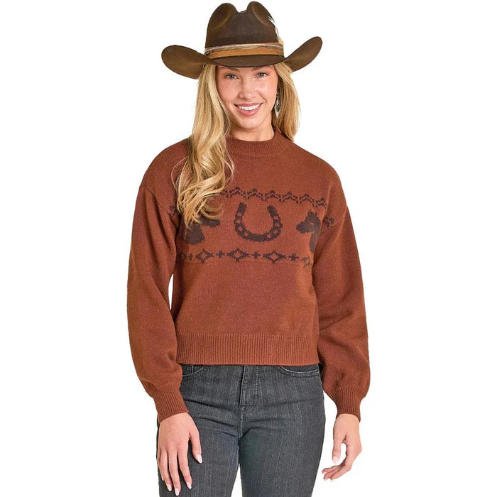 Rock & Roll Denim Women's Rust Horse Aztec Sweater-GIRLS