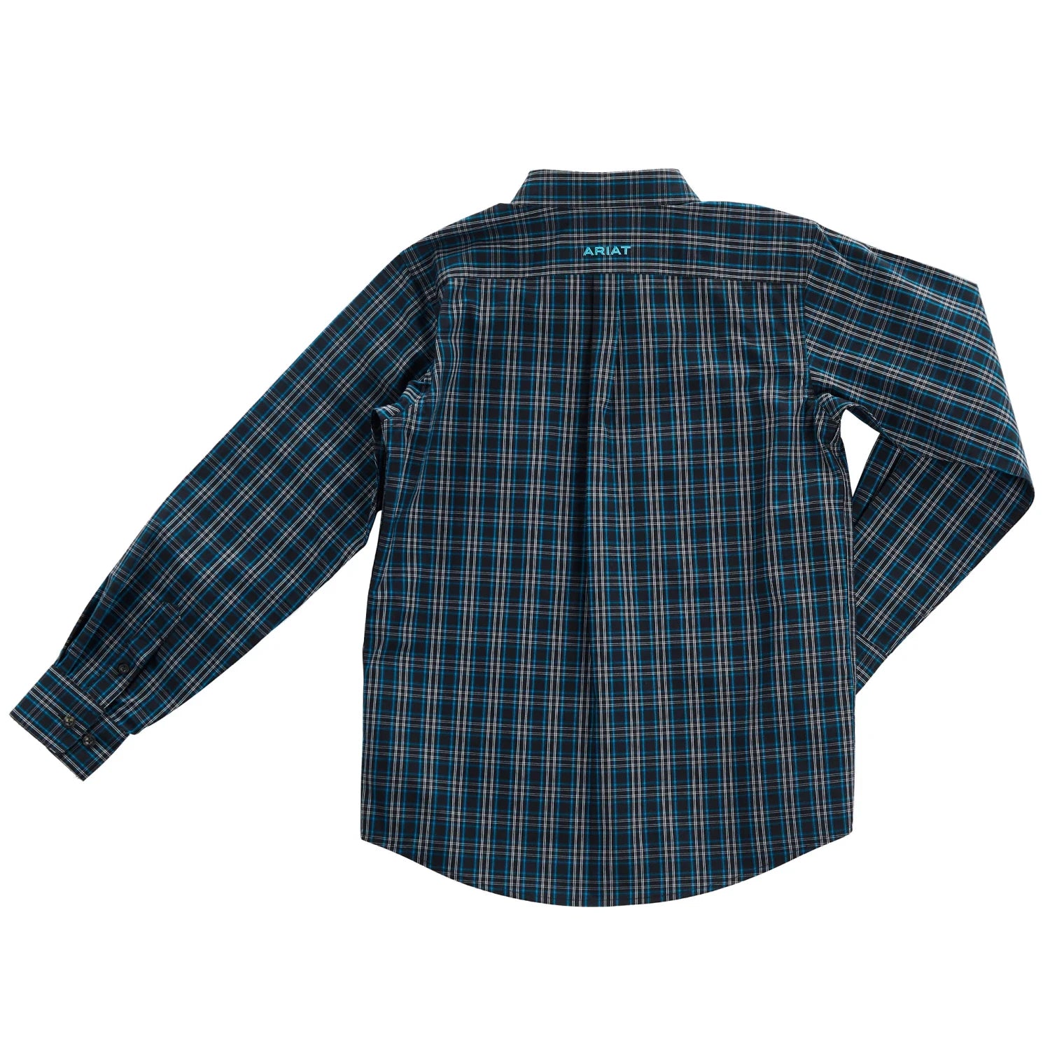 Long sleeve blue plaid western shirt with button cuffs, shown from the back