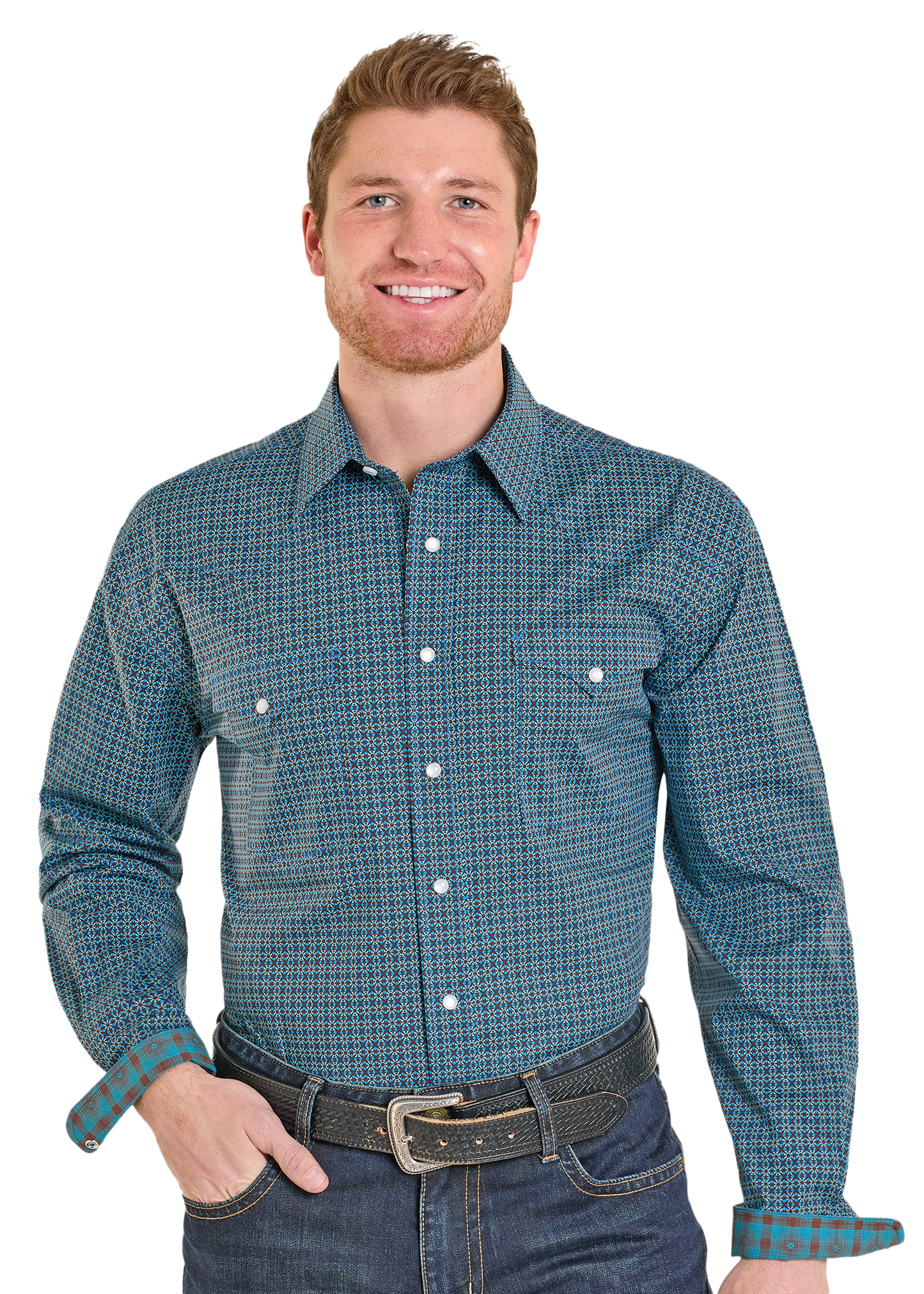 Man wearing blue geometric patterned western shirt with snap buttons and jeans