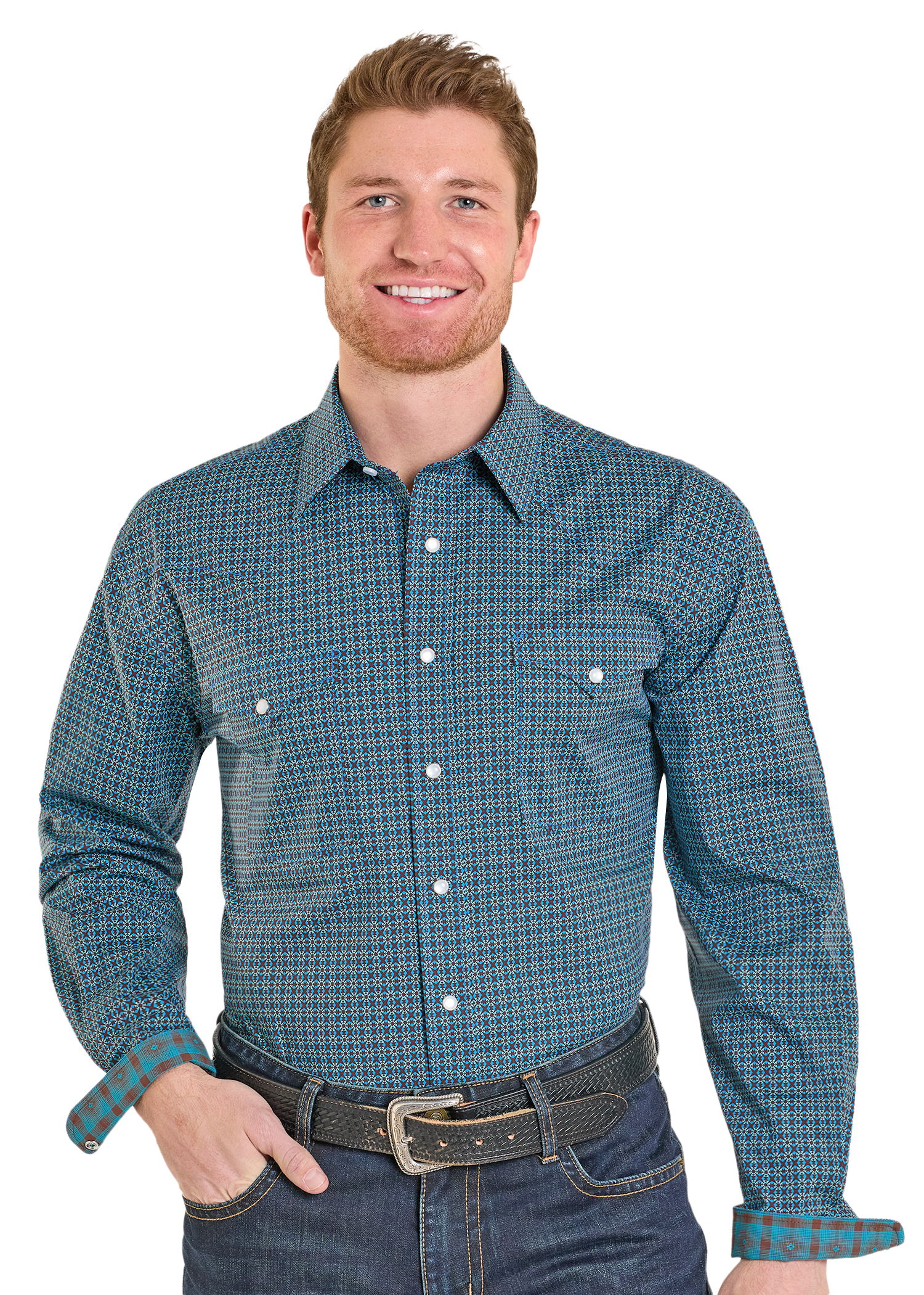 Man wearing blue geometric patterned western shirt with snap buttons and jeans
