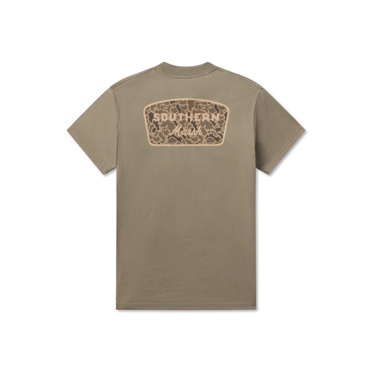 Olive green t-shirt with a logo on the back against a white background