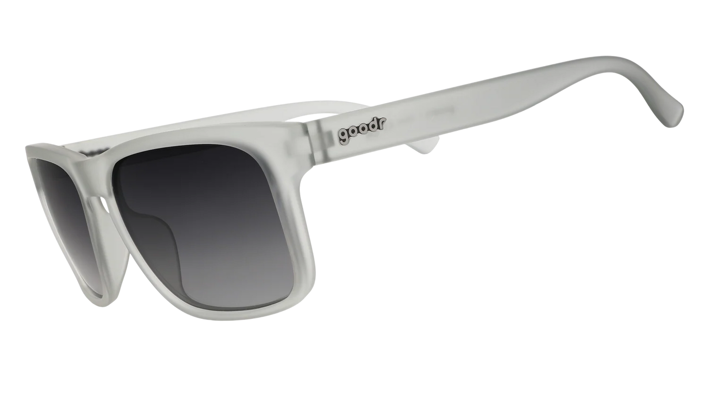 White rectangular sunglasses with dark gradient lenses and 'goodr' logo on the arm