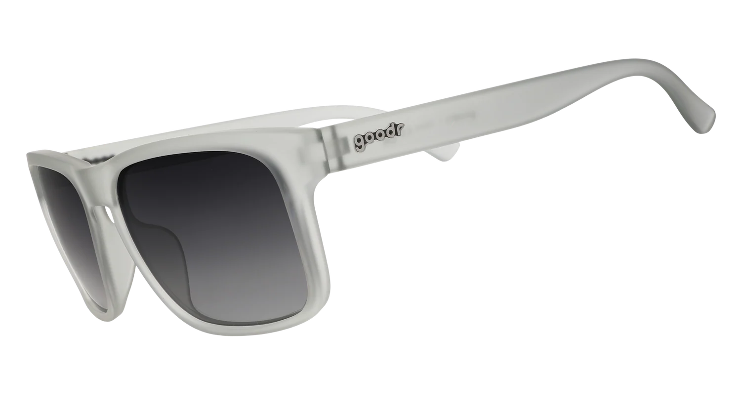 White rectangular sunglasses with dark gradient lenses and 'goodr' logo on the arm