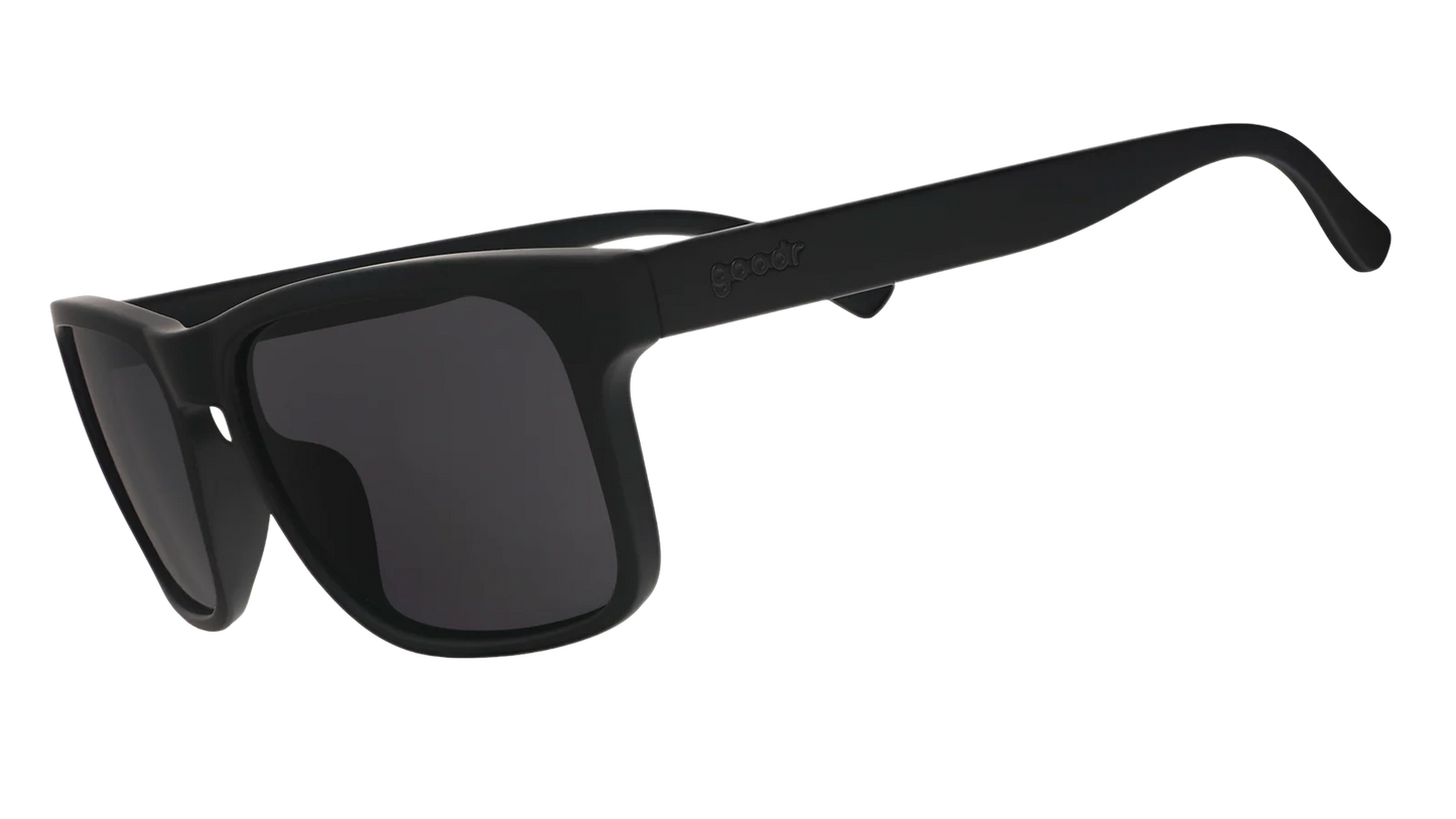 Black rectangular sunglasses with wide frames and dark polarized lenses on white background