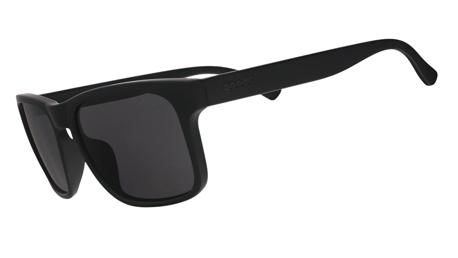 Black rectangular sunglasses with wide frames and dark polarized lenses on white background