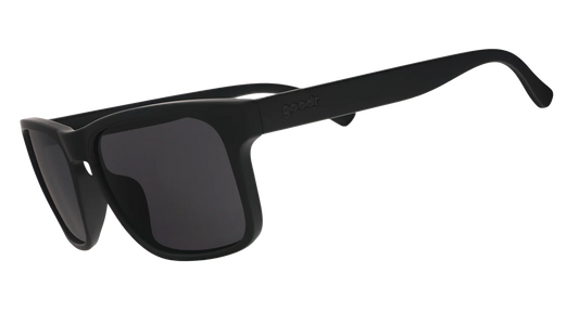 Black rectangular sunglasses with wide frames and dark polarized lenses on white background