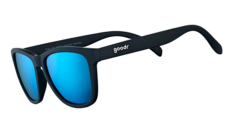 Black sunglasses with blue lenses on a white background
