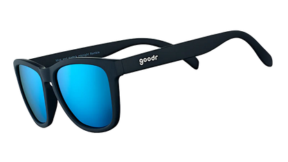 Black sunglasses with blue lenses on a white background