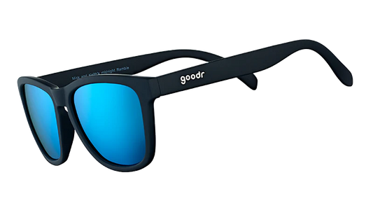 Black sunglasses with blue lenses on a white background