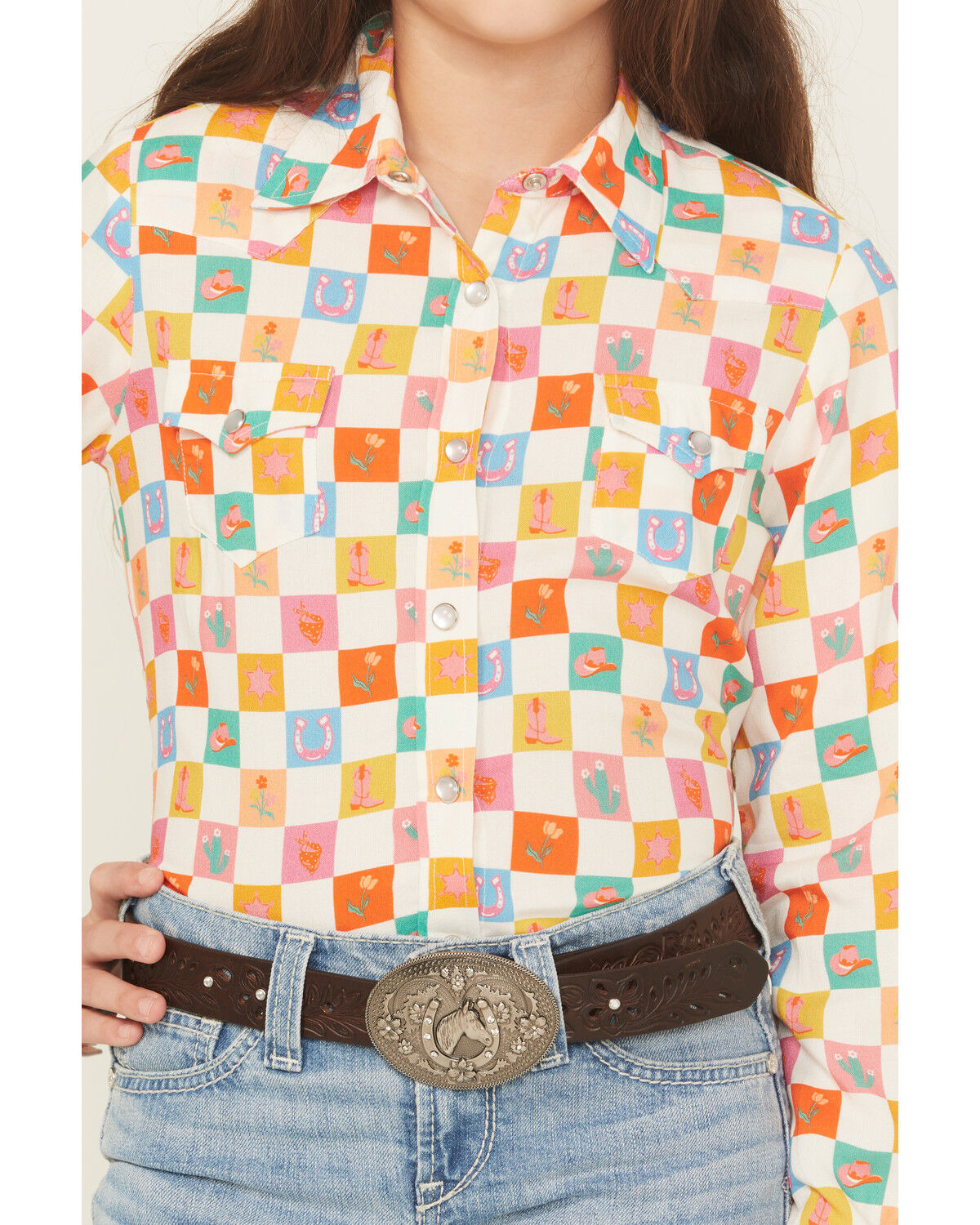 Roper Girls' Western Checkered Long Sleeve Pearl Snap Western Shirt