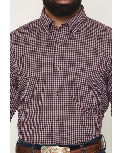 Men's long sleeve burgundy plaid button-down shirt with collar and front pocket