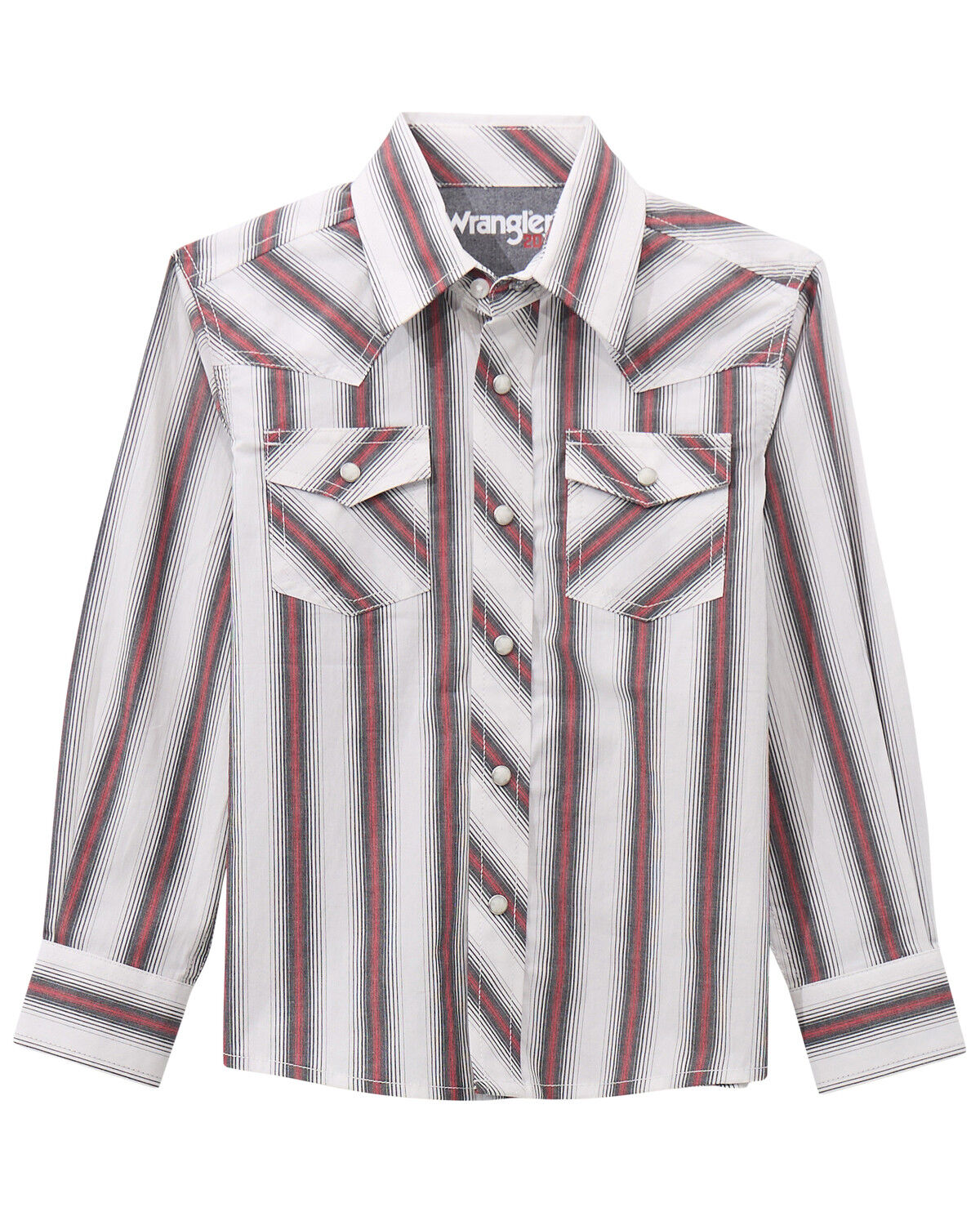 Western-style long sleeve button-up shirt with red, black and white vertical stripes