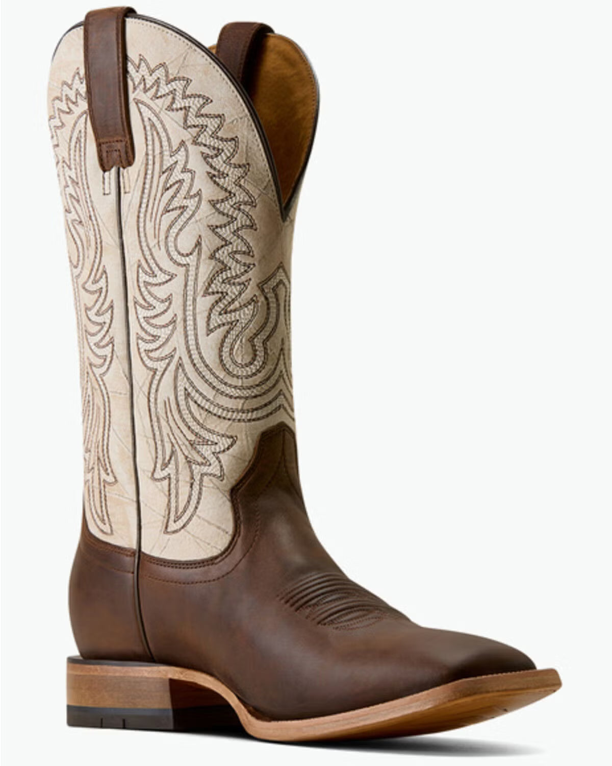 A single brown leather cowboy boot with a cream-colored shaft featuring intricate western embroidery, shown against a plain white background.