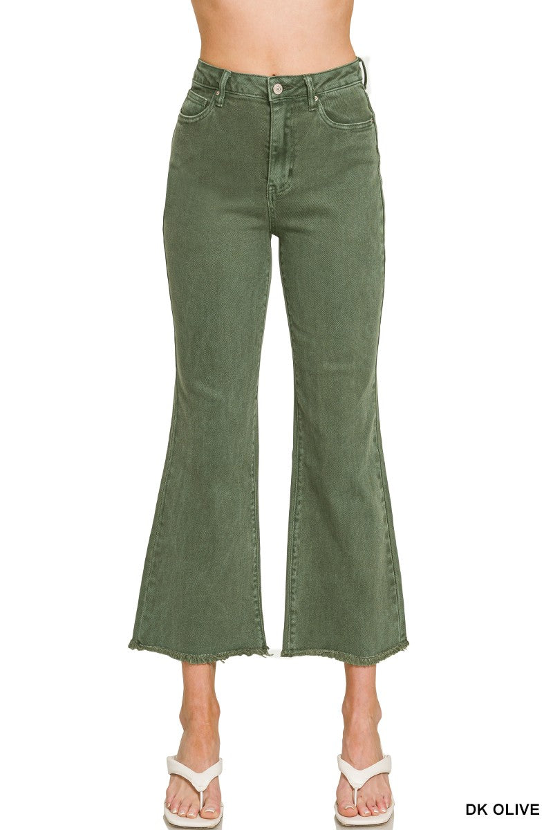 Green jeans on a white background with 'DK OLIVE' text.