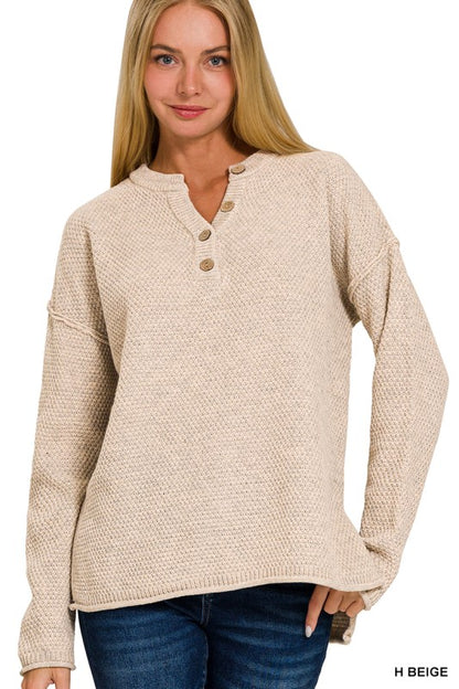 4 Buttons Henley Neckline Basic Sweater