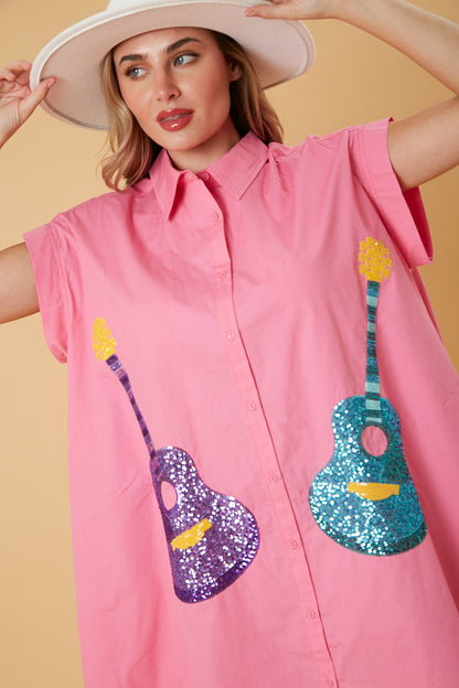 Peach Love California - Sequin Guitars Button Down Shirt Dress