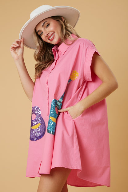 Peach Love California - Sequin Guitars Button Down Shirt Dress